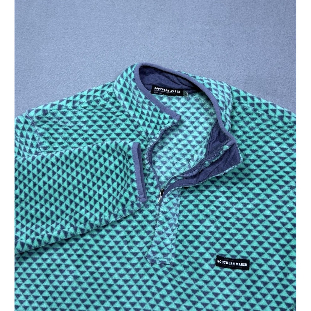Southern Marsh Mens M Fleece Pullover Aqua Navy Geometric Print Quarter Zip